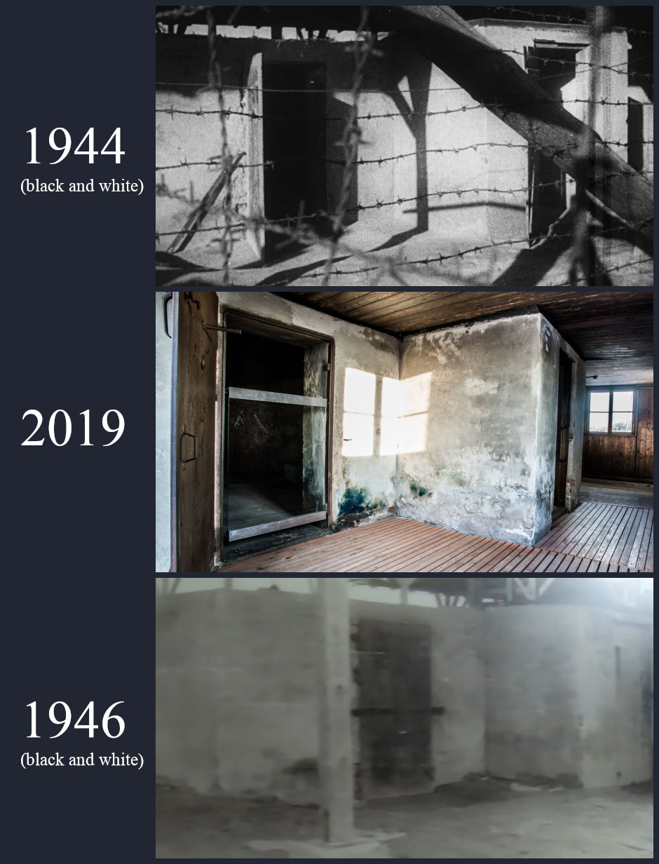 photo comparison of missing blue stains on exterior of chamber III and cell 14, Majdanek.jpg